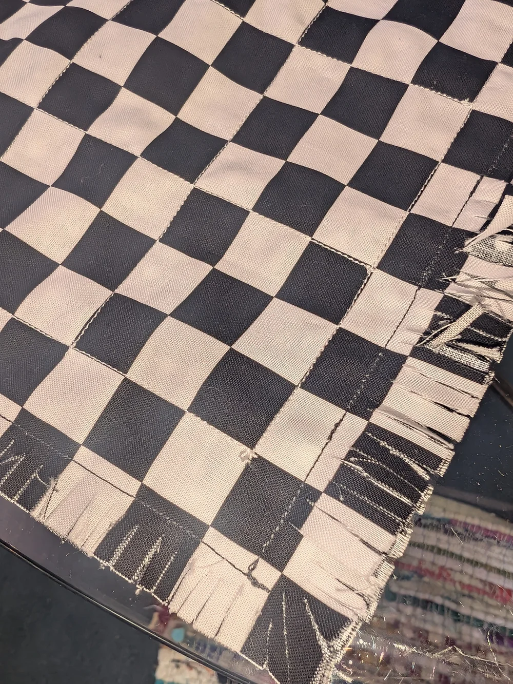 Boho Black & White Checkered Tote with Multicolor Embellished Trim